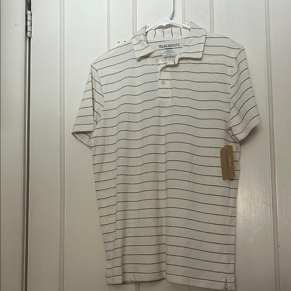 Men's Polo Shirt - White with Navy Stripes